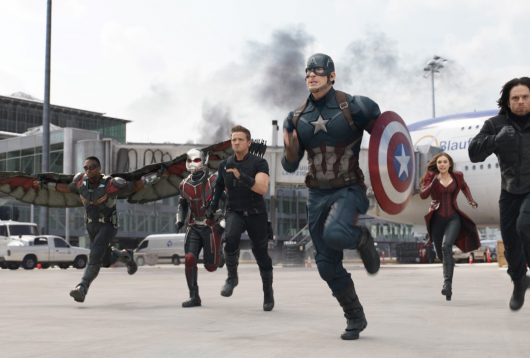 Marvel's Captain America: Civil War L to R: Falcon/Sam Wilson (Anthony Mackie), Ant-Man/Scott Lang (Paul Rudd), Hawkeye/Clint Barton (Jeremy Renner), Captain America/Steve Rogers (Chris Evans), Scarlet Witch/Wanda Maximoff (Elizabeth Olsen), and Winter Soldier/Bucky Barnes (Sebastian Stan) Photo Credit: Film Frame © Marvel 2016