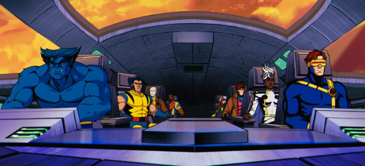 (L-R): Beast (voiced by George Buza), Wolverine (voiced by Cal Dodd), Morph (voiced by JP Karliak), Bishop (voiced by Isaac Robinson-Smith), Rogue (voiced by Lenore Zann), Gambit (voiced by AJ LoCascio), Storm (voiced by Alison Sealy-Smith), Cyclops (voiced by Ray Chase) in Marvel Animation's X-MEN '97. Photo courtesy of Marvel Animation. © 2024 MARVEL.