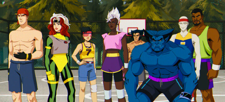 (L-R): Gambit (voiced by AJ LoCascio), Rogue (voiced by Lenore Zann), Jubilee (voiced by Holly Chou), Storm (voiced by Alison Sealy-Smith), Wolverine (voiced by Cal Dodd), Beast (voiced by George Buza), Morph (voiced by JP Karliak), and Bishop (voiced by Isaac Robinson-Smith) in Marvel Animation's X-MEN '97. Photo courtesy of Marvel Animation. © 2024 MARVEL.